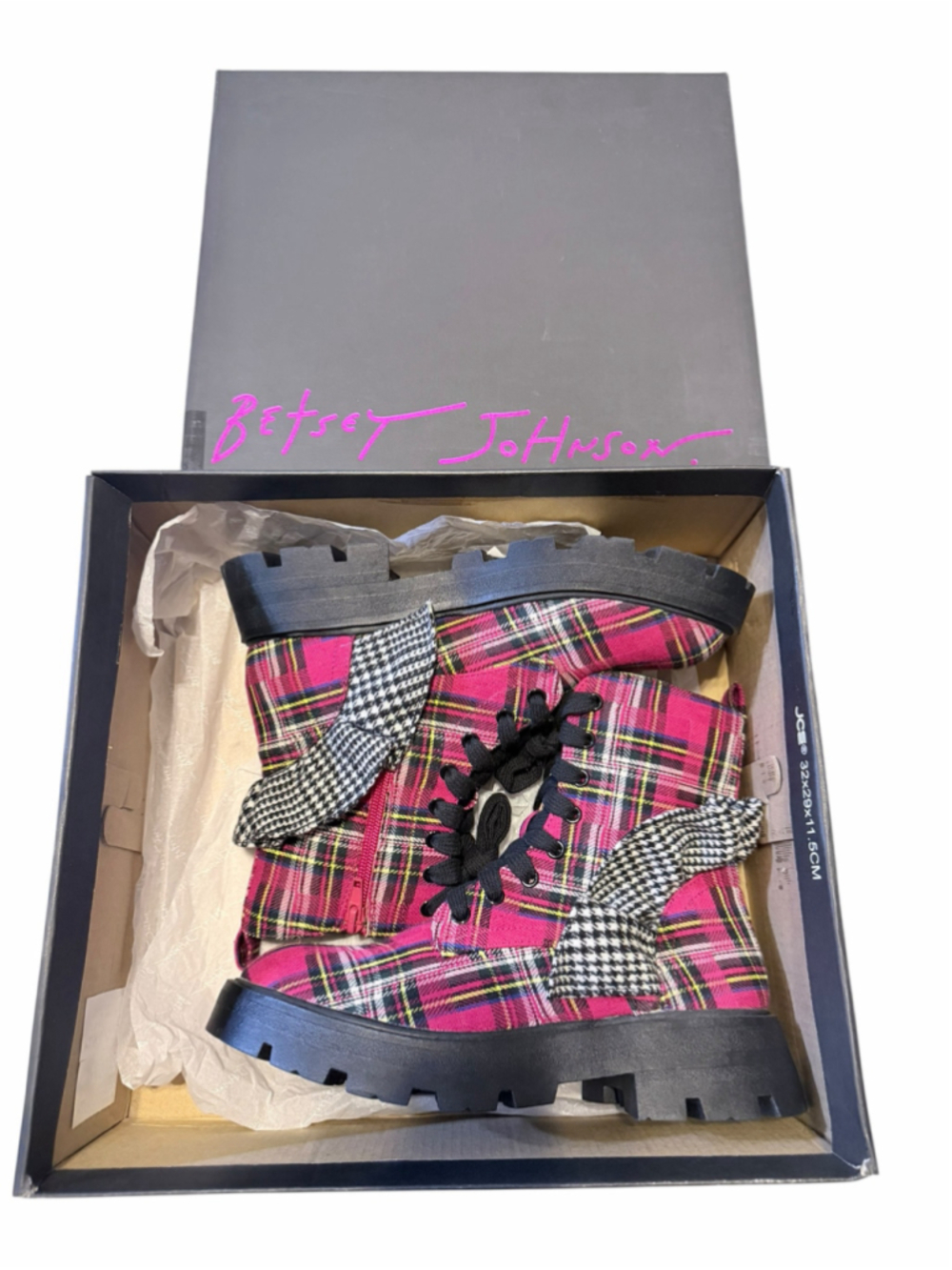 Women's Betsey Johnson Plaid Lace Up Boots Size 5, Pink Black